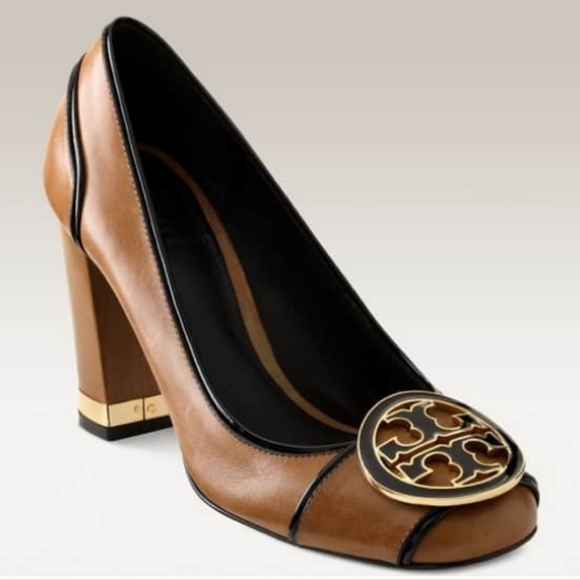 TORY BURCH Dewie Logo Medallion Cognac Chunky Heel